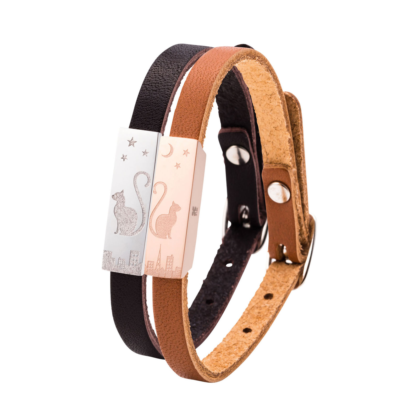 ステンレス 猫 レザー ペアブレスレット