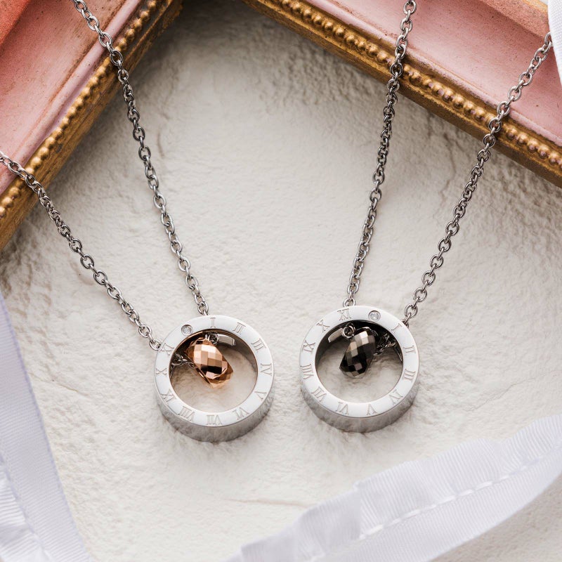 ペアネックレス 刻印可能 サークルトップ タングステン アレルギーフリー サージカルステンレス316L 時計 ローマ数字 ピンク＆ブラック 4SUP025GO＆4SUP025BK