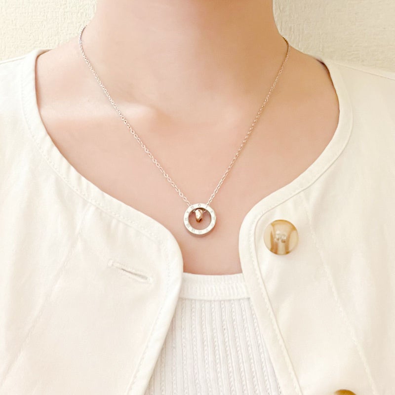 ペアネックレス 刻印可能 サークルトップ タングステン アレルギーフリー サージカルステンレス316L 時計 ローマ数字 ピンク＆ブラック 4SUP025GO＆4SUP025BK