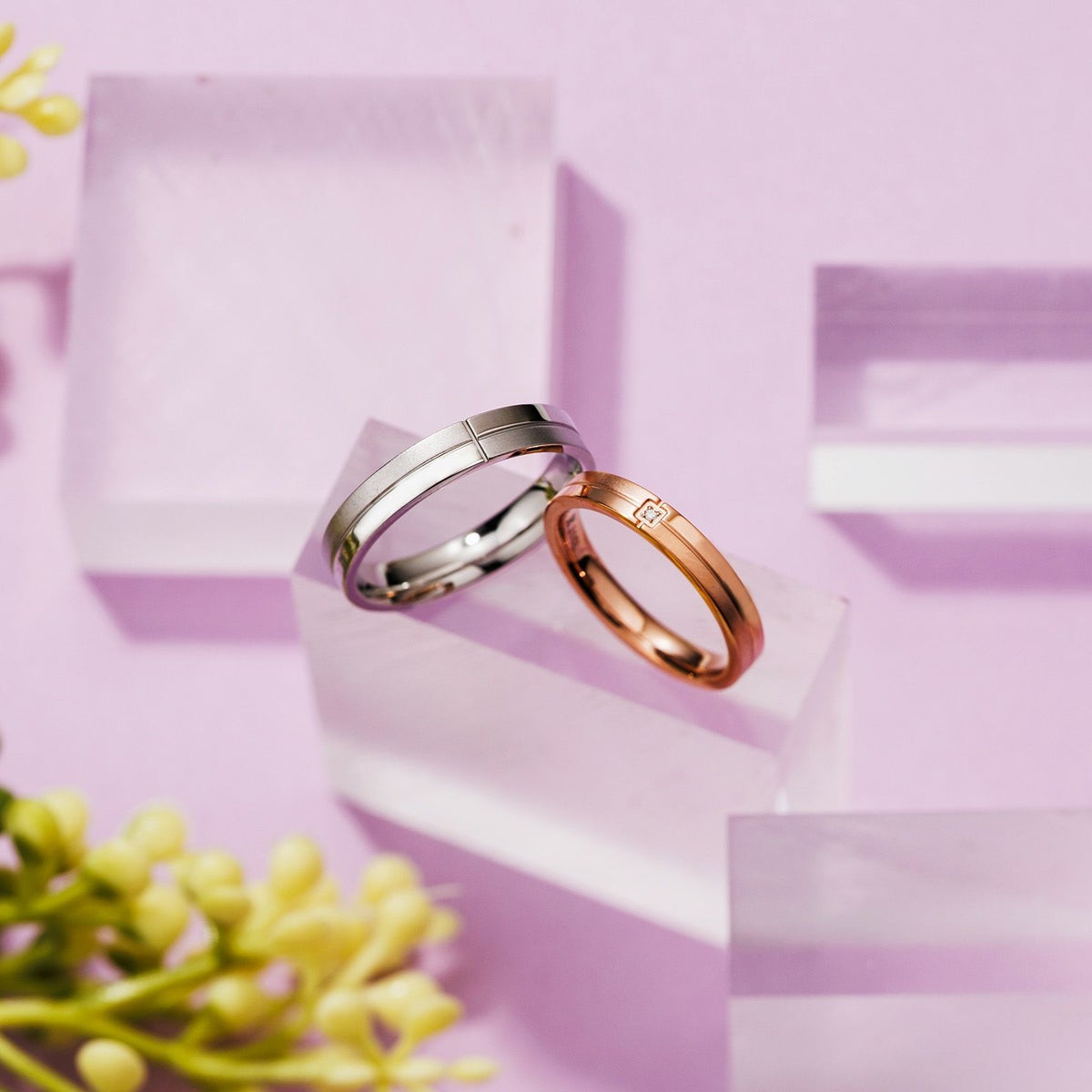 ペアリング 7～19号 刻印可能 サージカルステンレス316L アレルギーフリー クロス ピンク＆シルバー 4SUR030GO&4SUR031SV