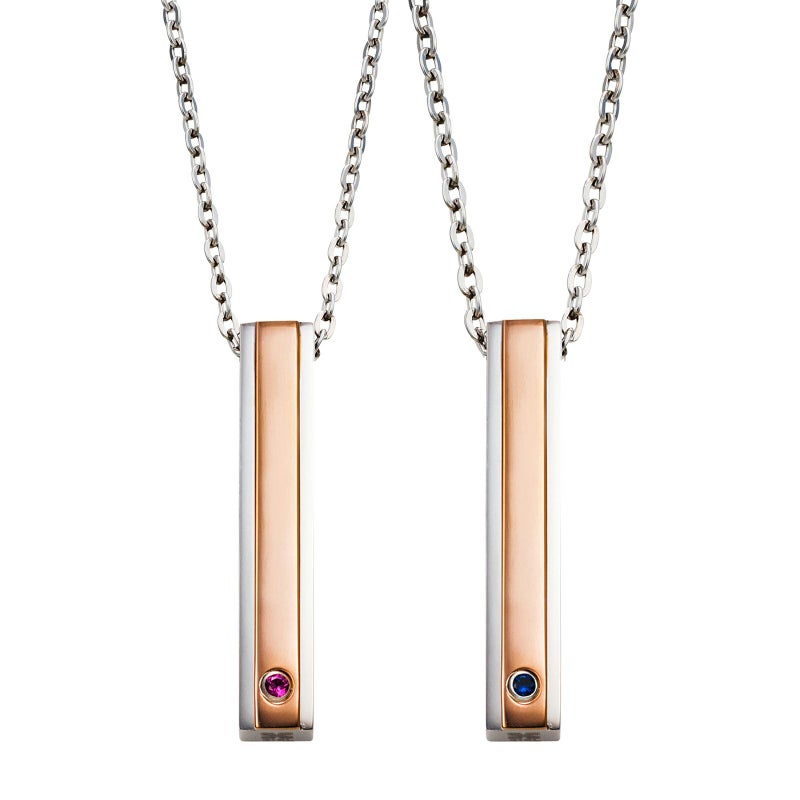 ペアネックレス 刻印可能 誕生月カラーキュービック アレルギーフリー サージカルステンレス316L 角柱 ピンク＆ピンク 4SUP200GO&4SUP200GO