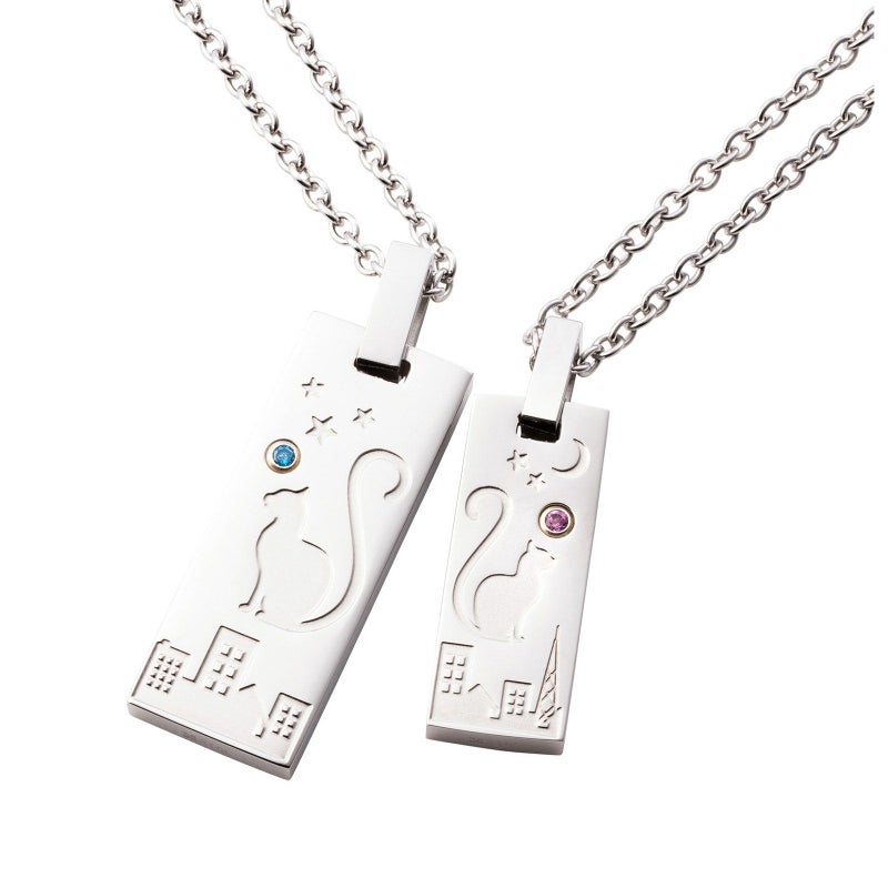 猫 ペアネックレス 刻印可能 誕生月カラーキュービック アレルギーフリー サージカルステンレス316L シルバー＆シルバー 4SUP209SV&4SUP210SV
